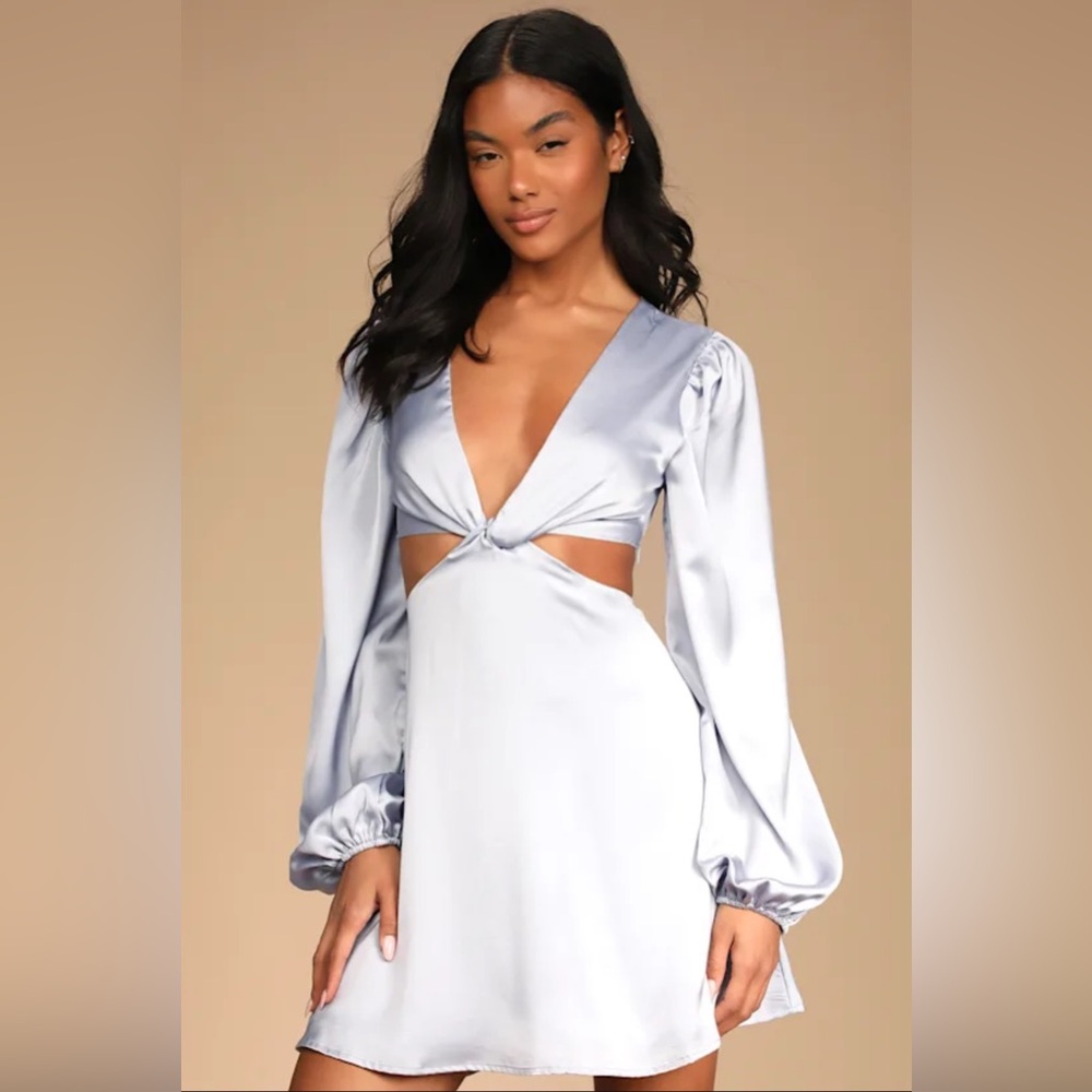 Blue Satin Cutout Long Sleeve Mini Dress